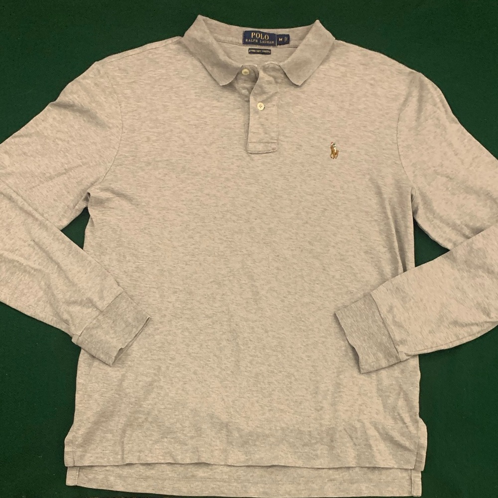 Ralph Lauren Men's Light Gray Long Sleeve Polo Shirt with Gold Pony
